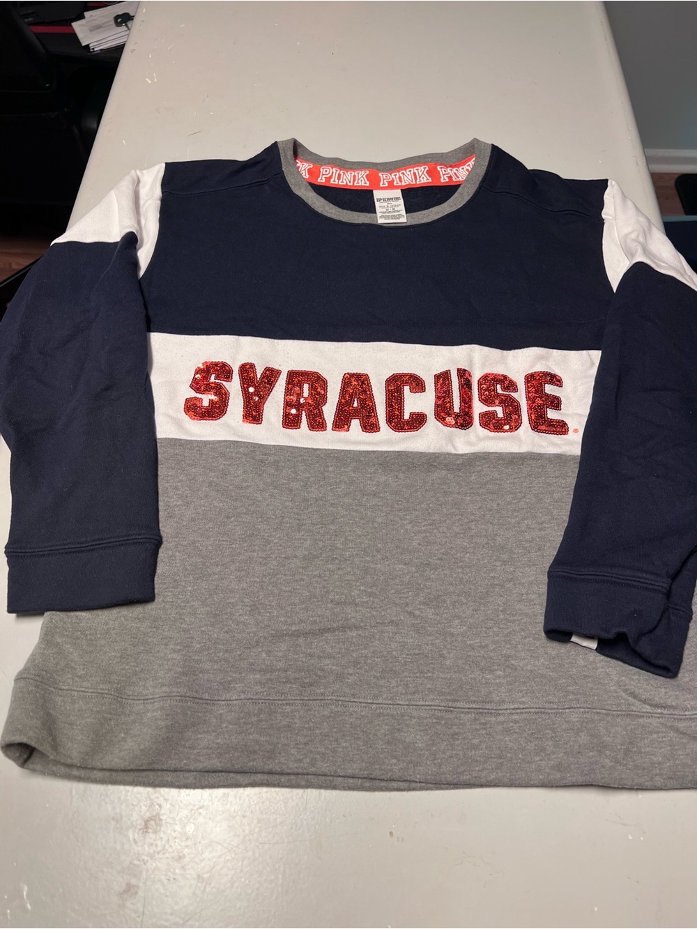 PINK Victoria's Secret Navy White Gray 'SYRACUSE' Sequin Women’s Sweatshirt